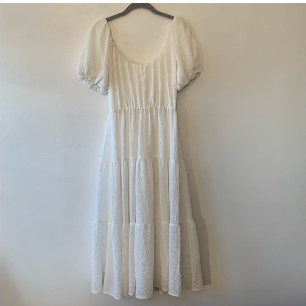 ASTR Smocked Tiered Gauzy White Maxi Dress